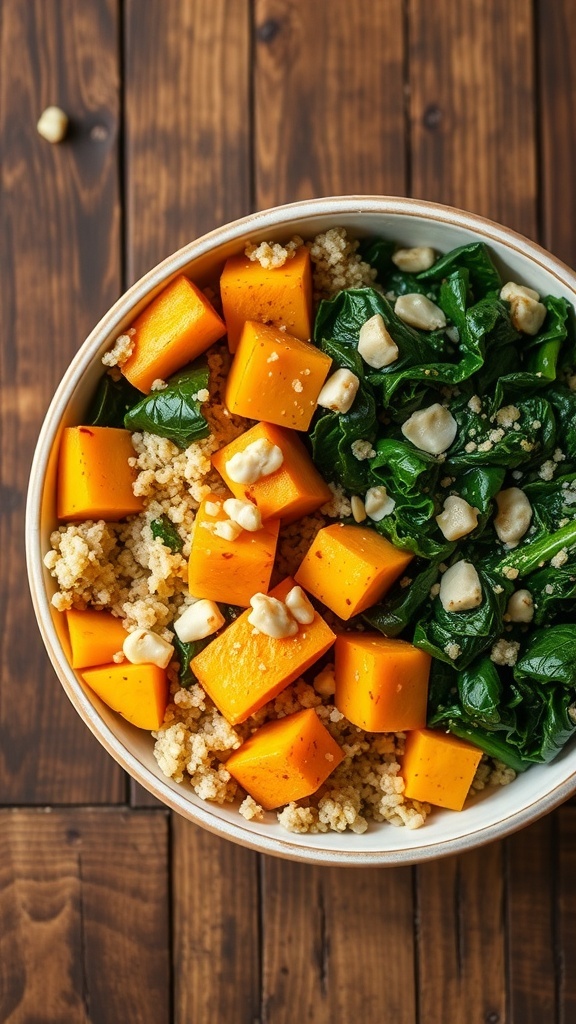 A colorful quinoa bowl with roasted butternut squash, kale, and quinoa, topped with nuts and lemon juice.